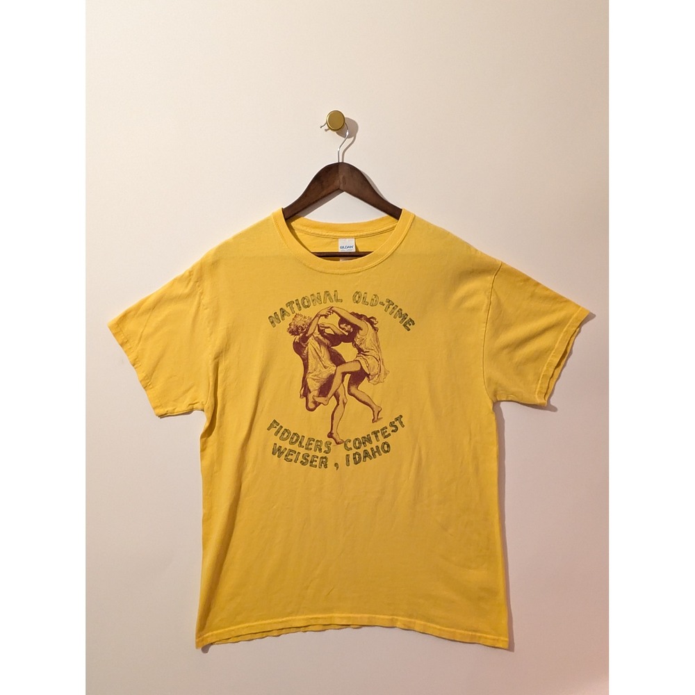 Gildan T-Shirt Mens Large Yellow Excellent Graphic Idaho Fiddlers Contest Tee